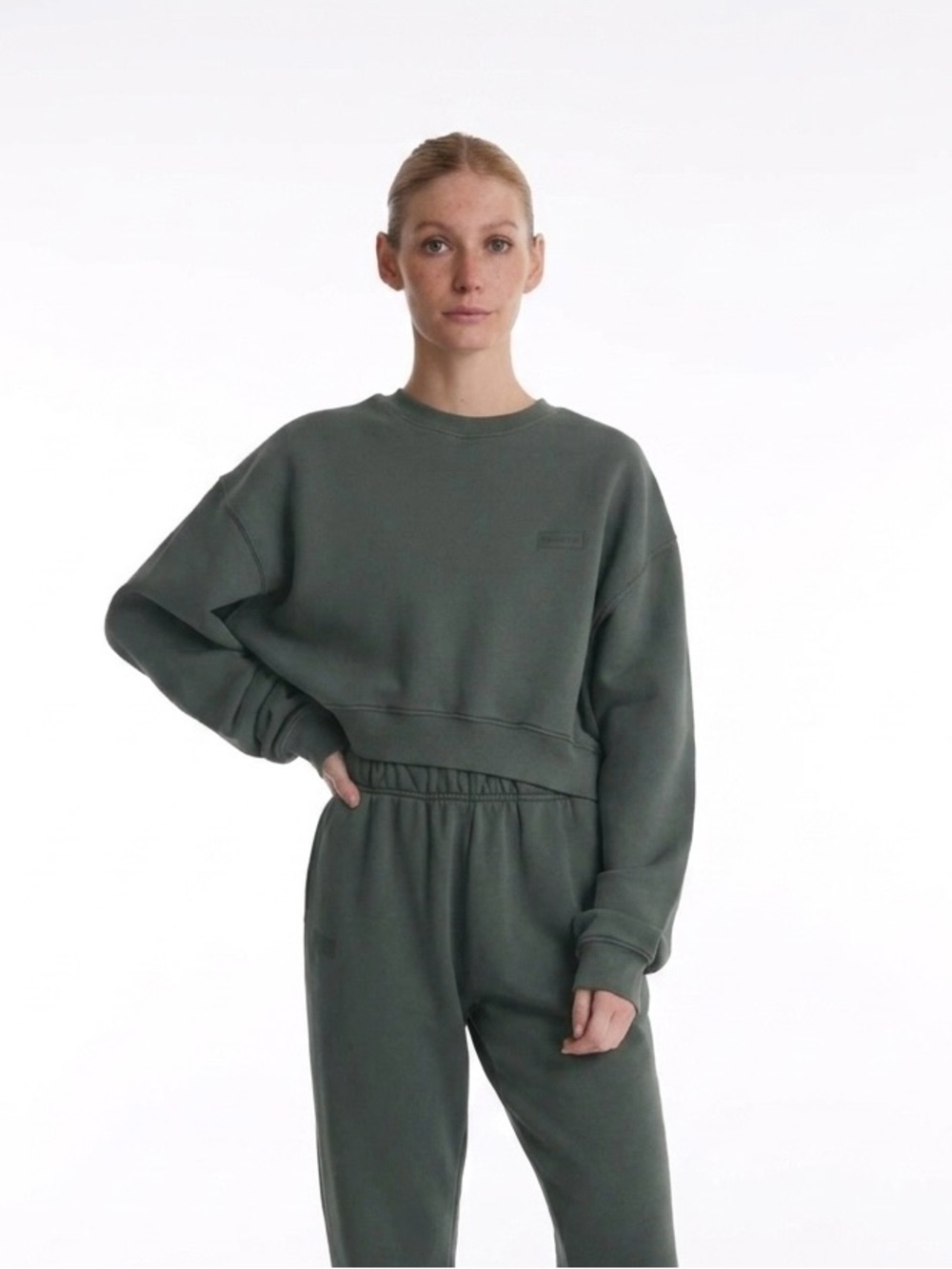 SET Active Cropped Pullover Crewneck Sweatshirt Green Size Small
